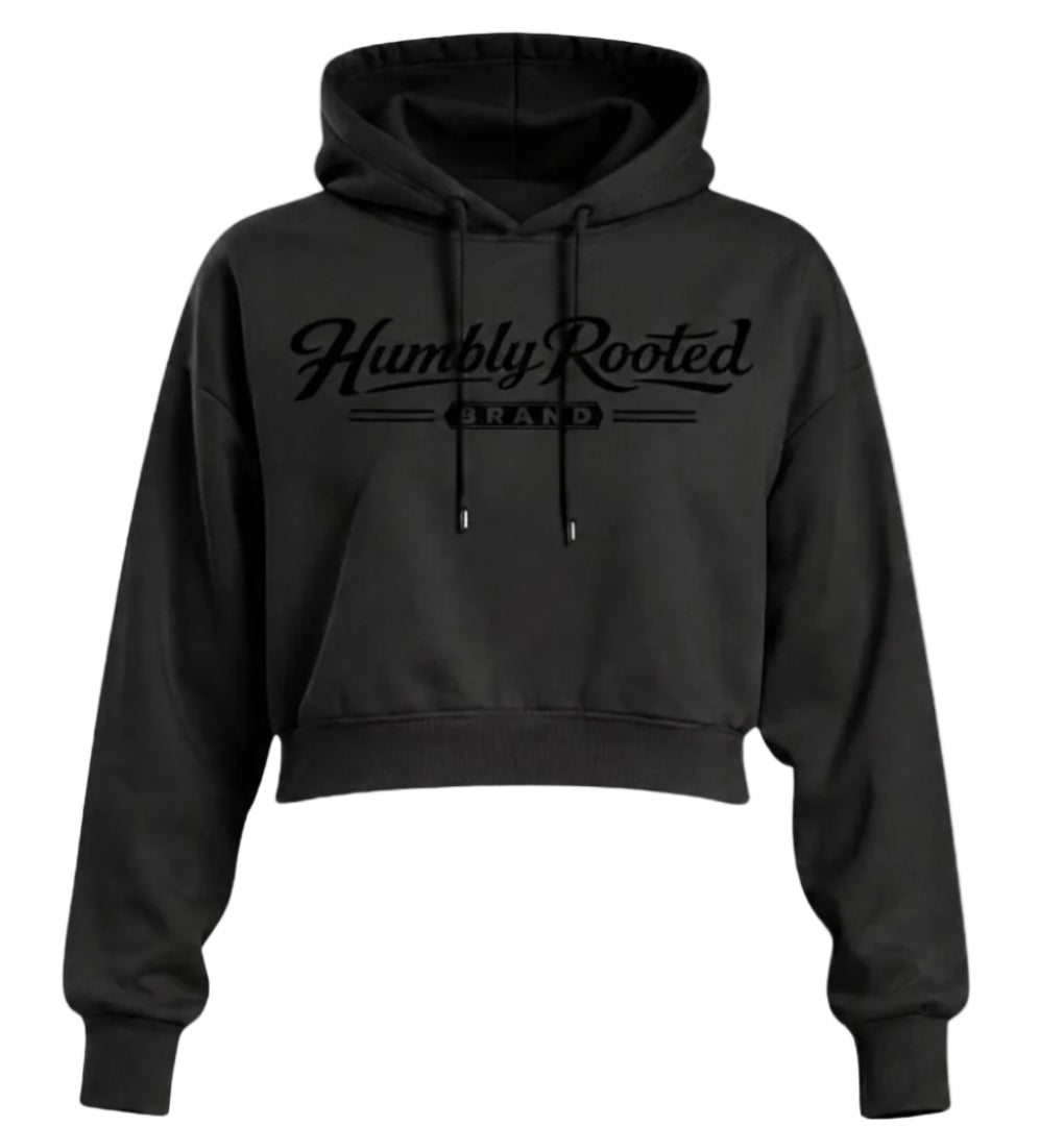 Humbly Rooted Brand Black on Black 3D Silicone Script Logo Cropped Hoodie