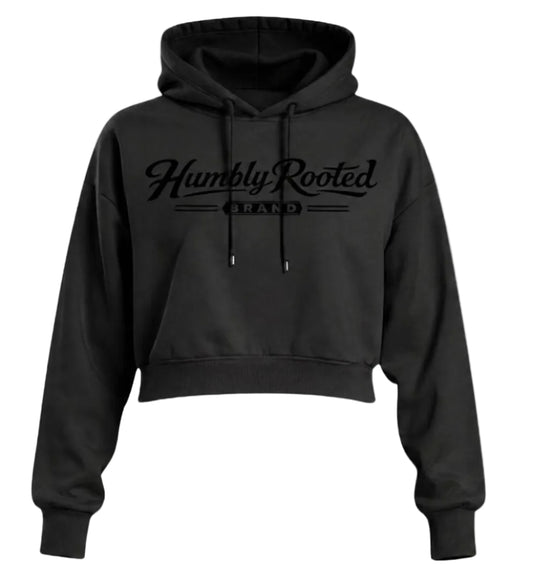 Humbly Rooted Brand Black on Black 3D Silicone Script Logo Cropped Hoodie